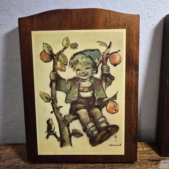 Vintage Set MCM Hummel Wall Plaques Boy & Girl On Trees Wooden Backing Rustic - Picture 4 of 12